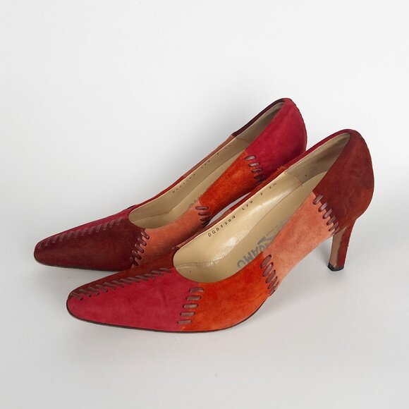 Salvatore Ferragamo Suede Leather High Heel Pumps Quilted Patchwork Colour Block - Picture 1 of 10